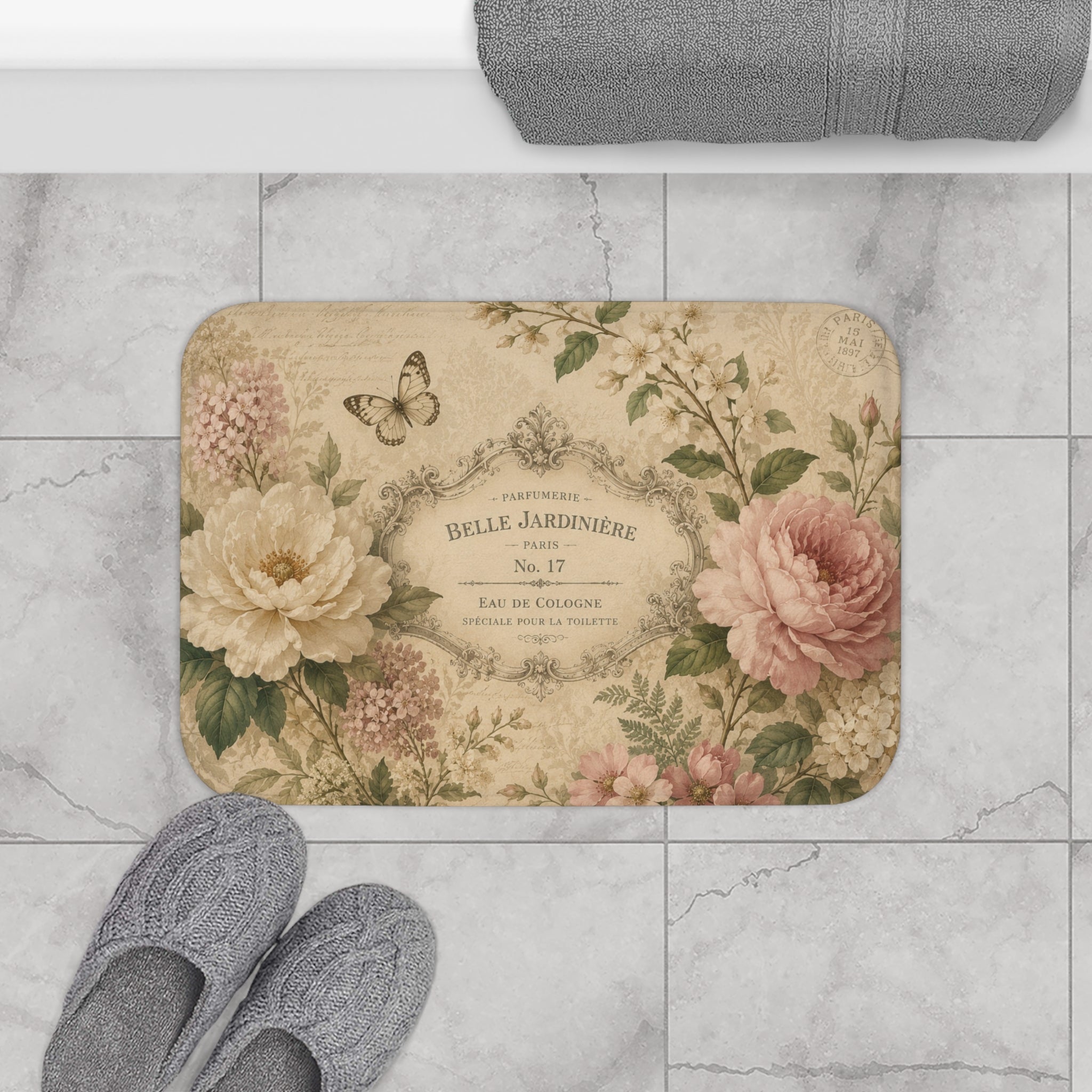 Vintage Floral Label Bath Mat | Shabby Chic Peonies, Butterflies