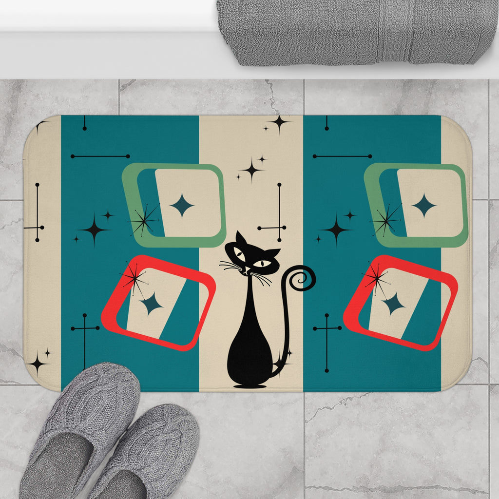 Atomic cat teal and shapes Bath Mat, retro bathroom, MCM bath mat, non slip, 50s 60s kitschy inspired, black cat lover gift