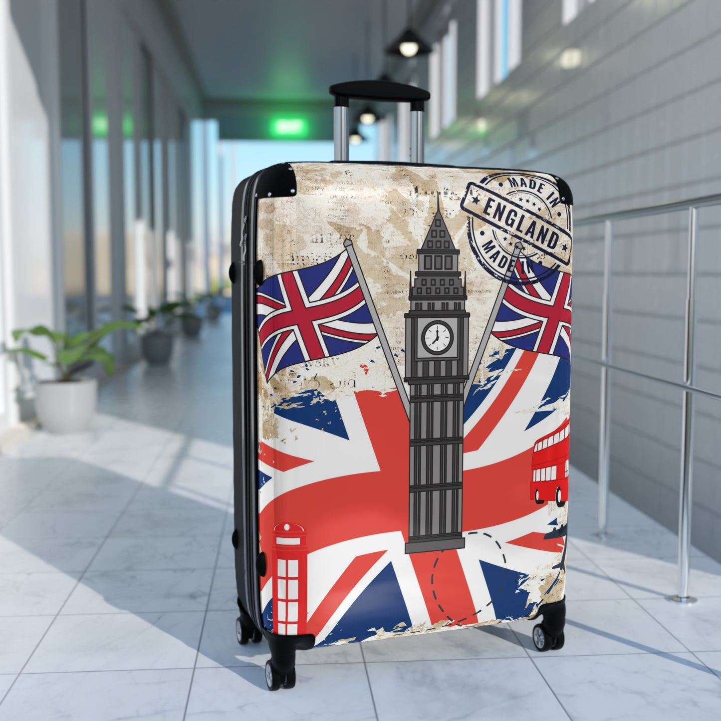 Made in England Suitcase on wheels, hard shell travel luggage for holidays, weekend trips, secure lockable bag