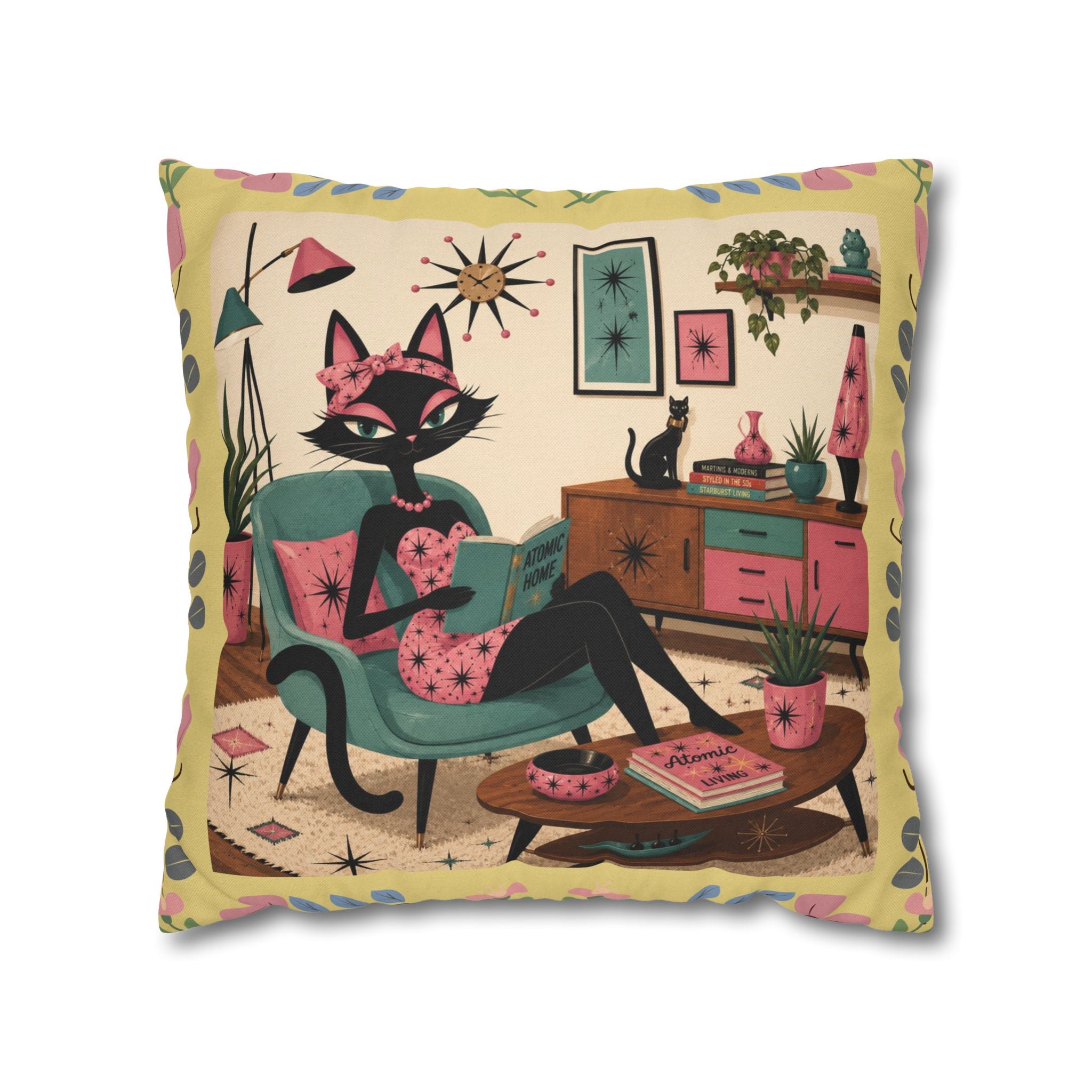 Retro Mid Century Atomic Cat Lounge Pillowcase | Square Pillowcase - COVER ONLY