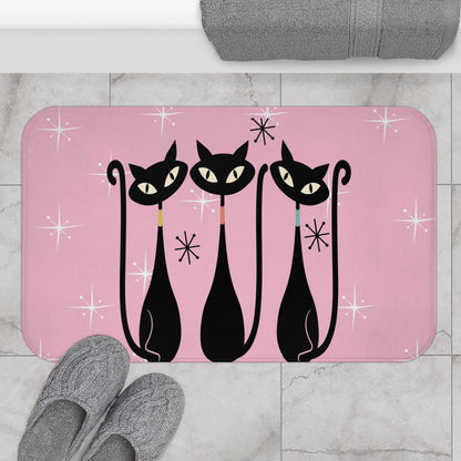 Atomic cat starburst retro pink Bath Mat, 50s 60s decor, MCM bathroom, black cat lover gift, mid century modern