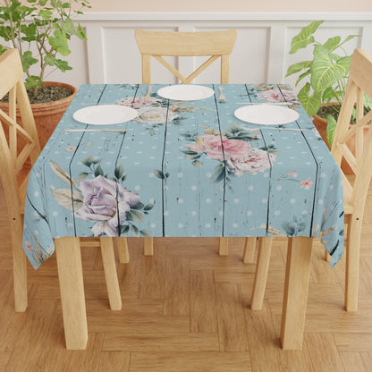 Blue with vintage pink roses on a wood grain look shabby chic style dining room tablecloth