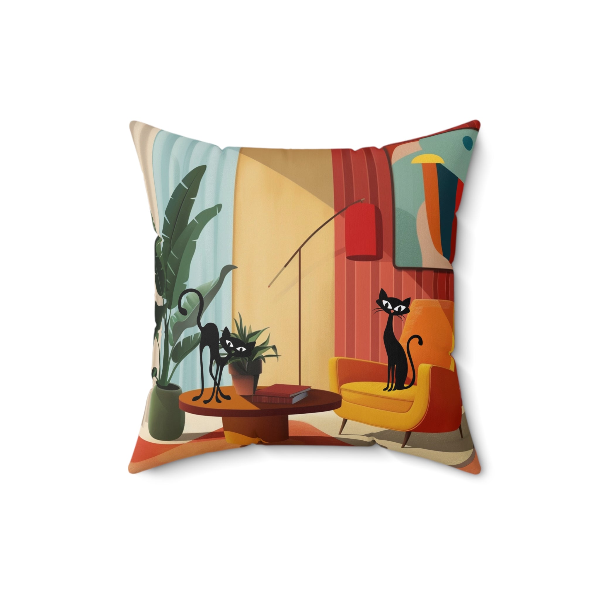 Atomic cat retro Spun Polyester Square Pillow, Mid Century Modern, mancave pillow, living couch scatter throw cushion, black cat lover gift