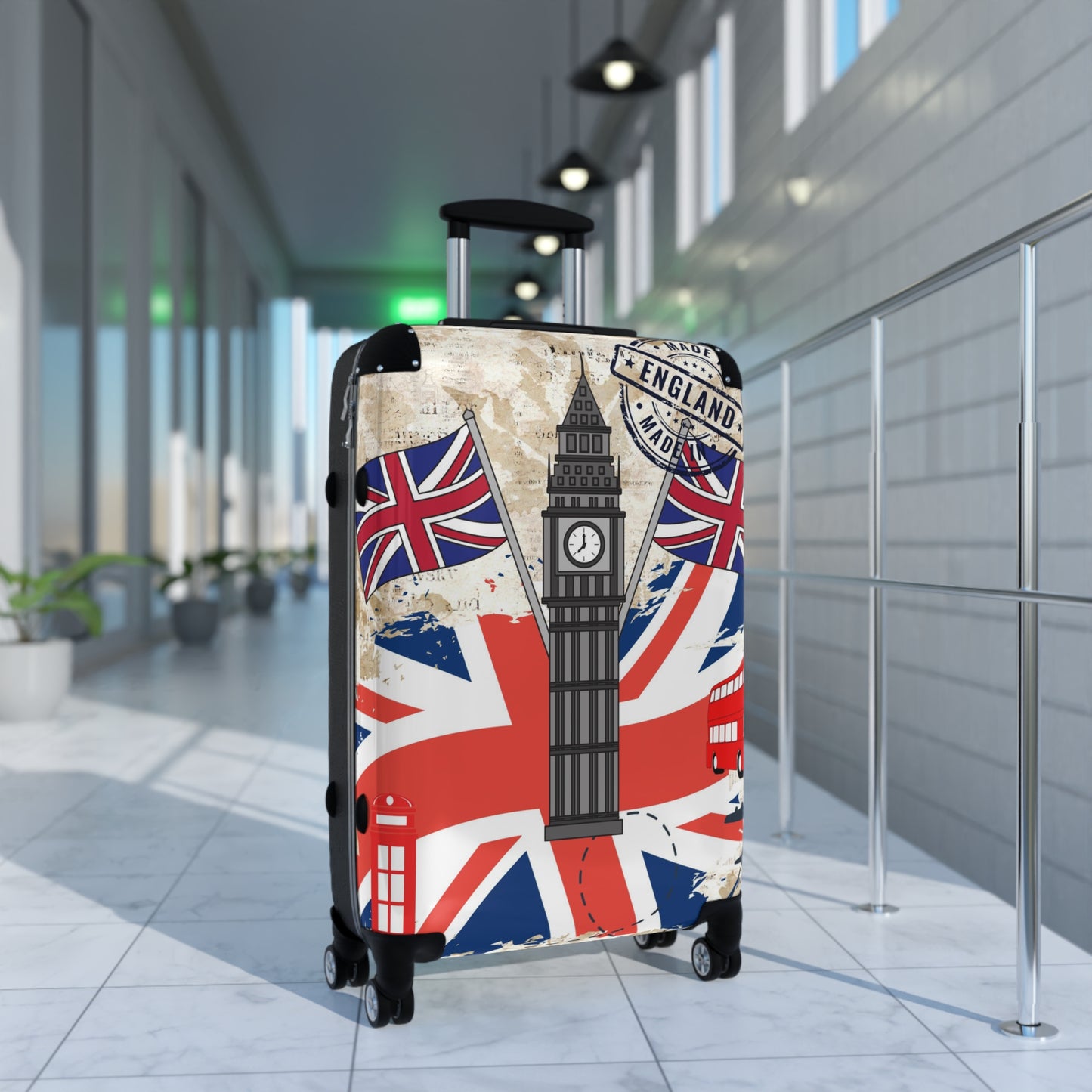 Made in England Suitcase on wheels, hard shell travel luggage for holidays, weekend trips, secure lockable bag