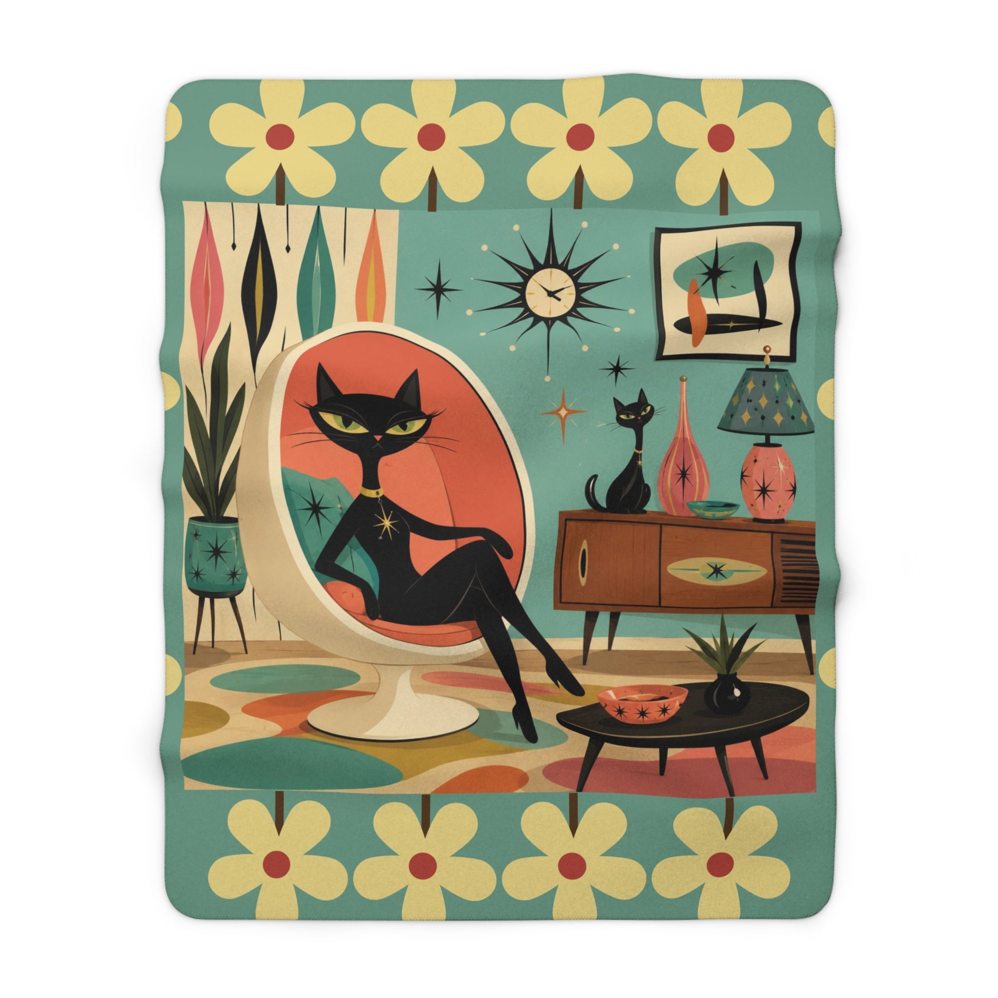 Mid-Century Retro Atomic Cat in Egg chair Lounge Sherpa Fleece Blanket | Vintage Mod Cat