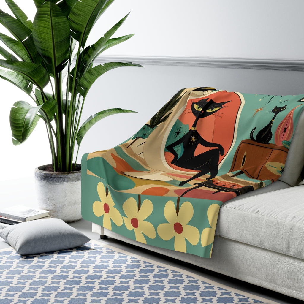 Mid-Century Retro Atomic Cat in Egg chair Lounge Sherpa Fleece Blanket | Vintage Mod Cat