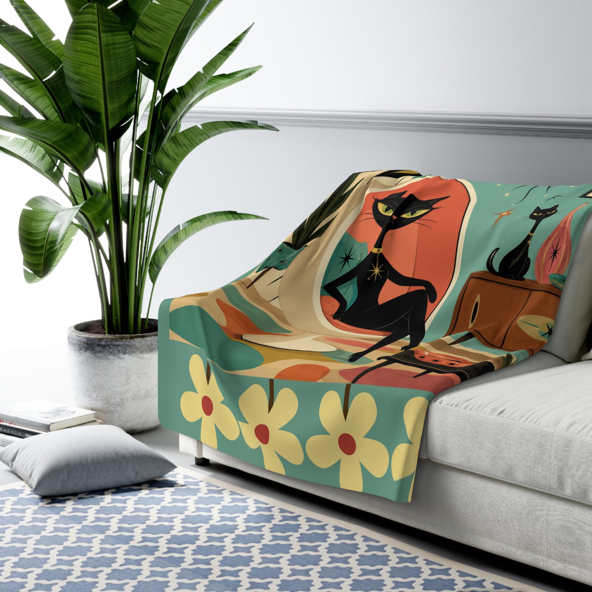Mid-Century Retro Atomic Cat in Egg chair Lounge Sherpa Fleece Blanket | Vintage Mod Cat