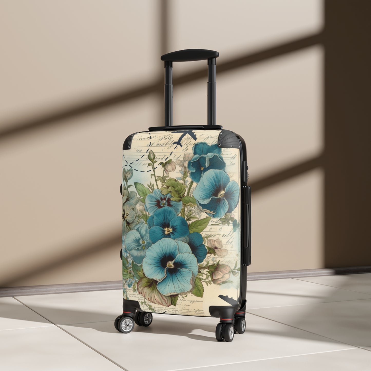 Big blue pansy Suitcase on wheels with planes, holiday weekend, carry on luggage, large roller suitcase, floral travel luggage