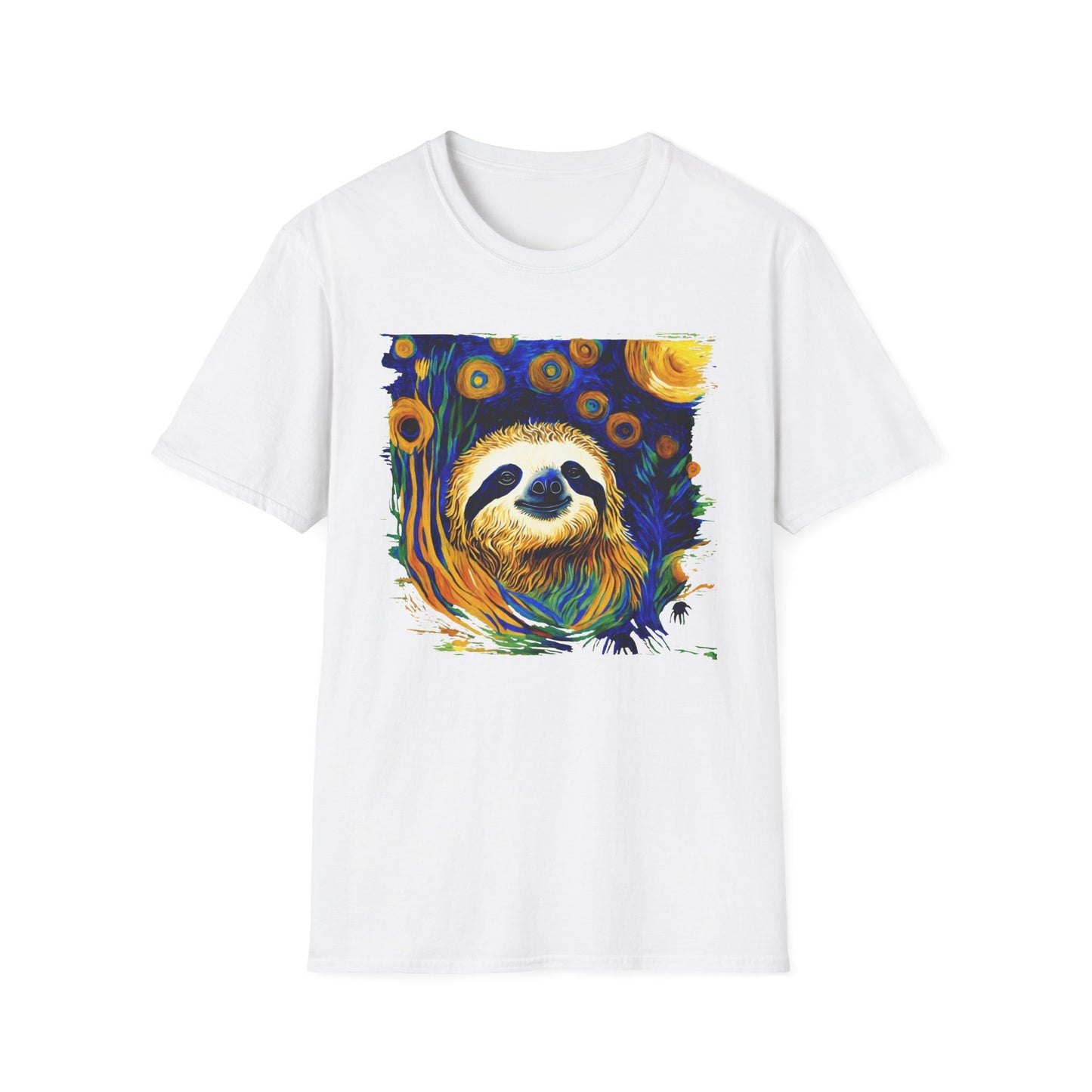 Sloth Van Gogh inspired art Unisex Softstyle T-Shirt, artist shirt, starry night, nature inspired tee