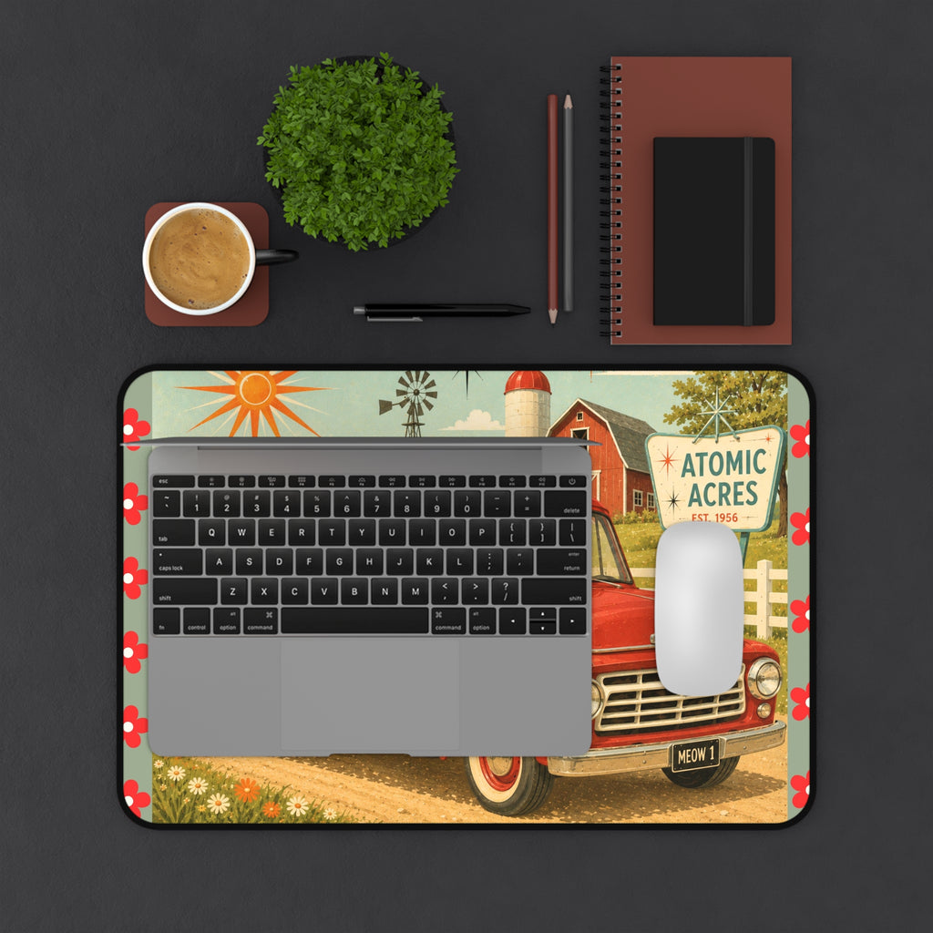 Retro Red Truck with Atomic Black Cats Desk Mat | Atomic Acres Farm Mousepad