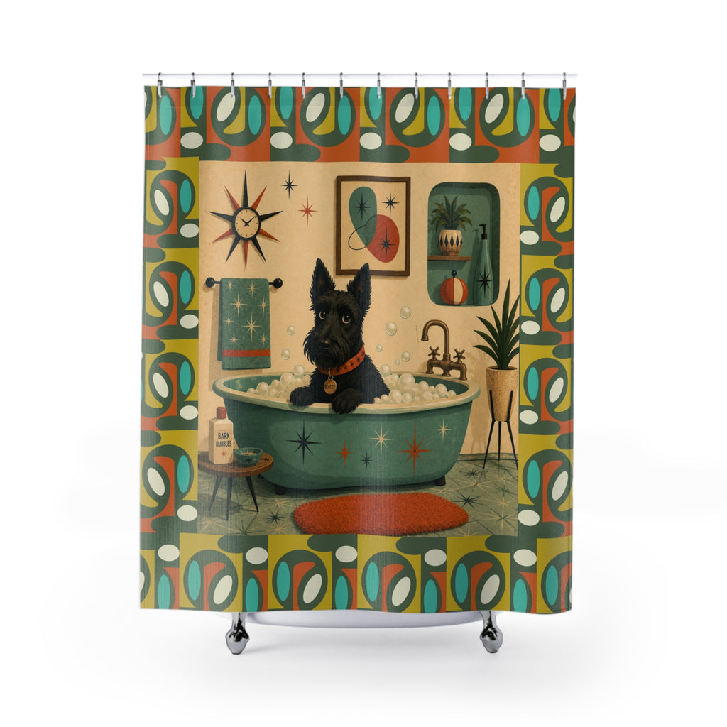 Scottish Terrier Bath Scene Shower Curtain | Mid Century Retro Bathroom
