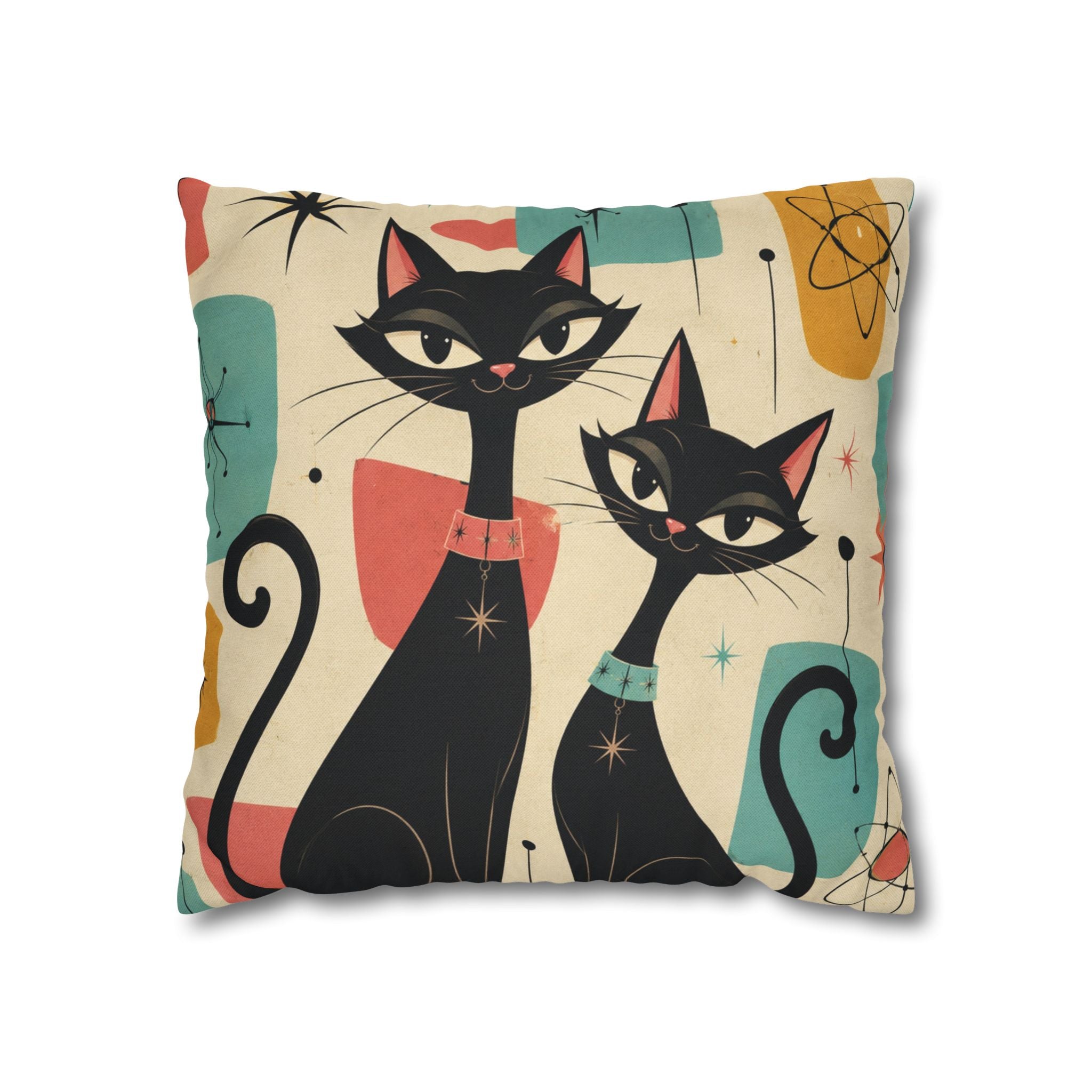 Mid Century Retro Atomic Black Cats Pillowcase | Spun Polyester Square Pillowcase - COVER ONLY