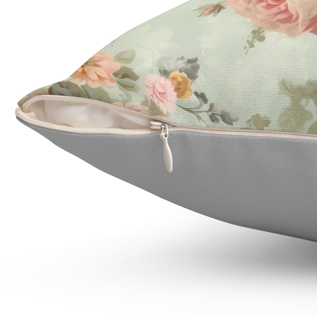 Pink roses mid tone background (blue, grey, green) shabby chic style Spun Polyester Square Pillow