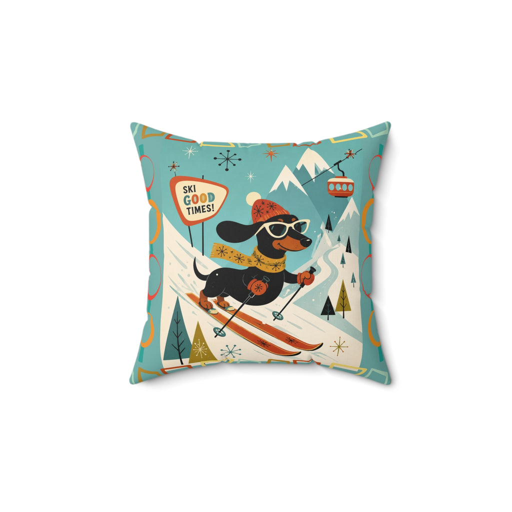 MCM Skiing Dachshund Pillow | Square Polyester Throw Pillow, Retro Winter Ski Art