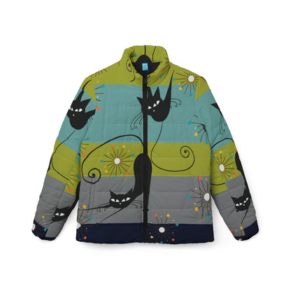 Atomic cat art blue green grey Womens Puffer Jacket, 50s 60s retro inspired, Mid Century Modern, MCM jacket