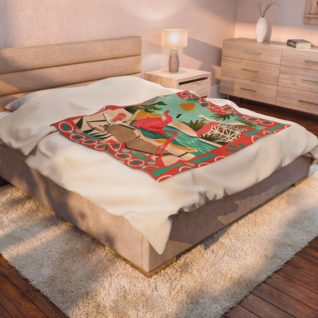 Retro Flamingo Poolside Velveteen Plush Blanket | Mid Century Tropical Design