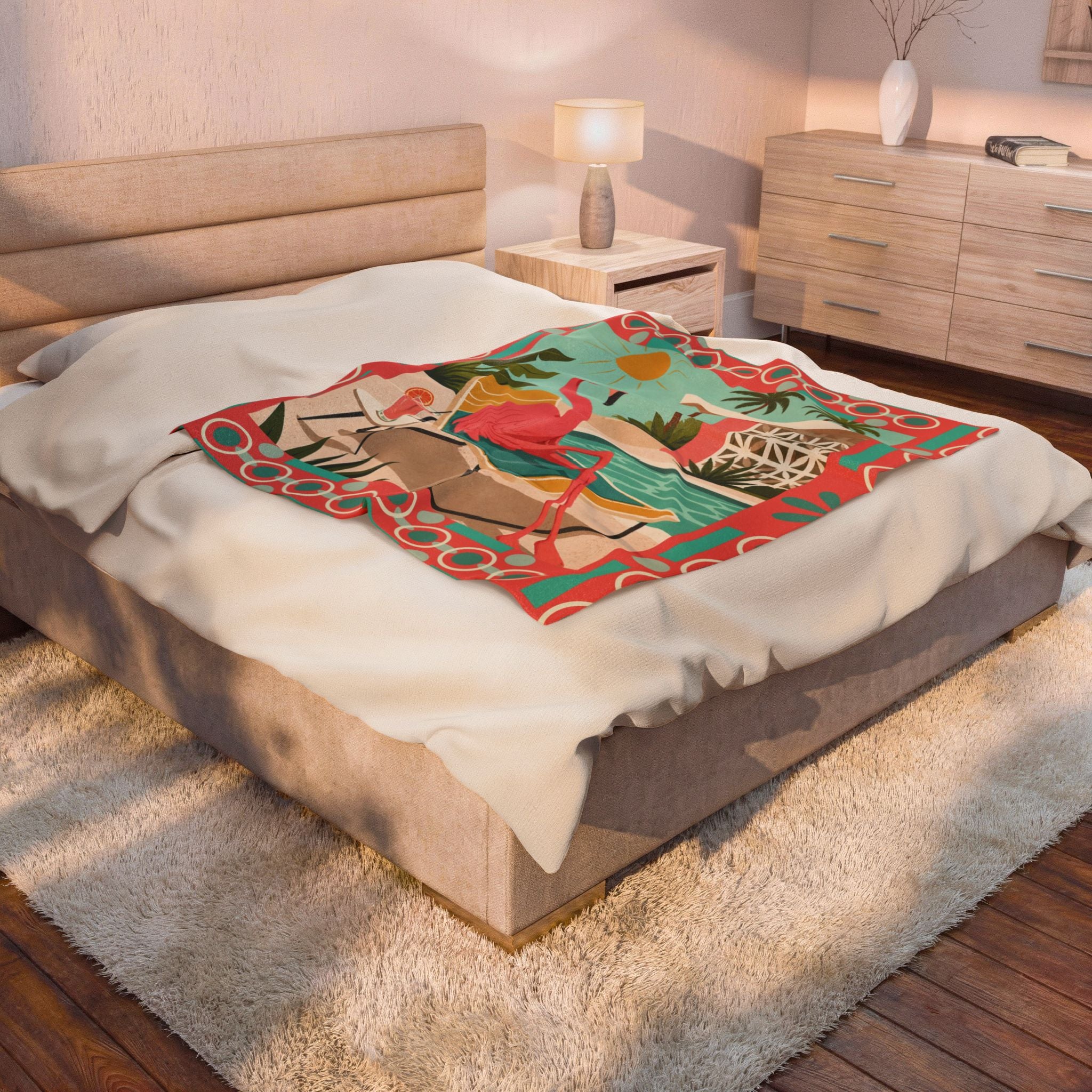 Retro Flamingo Poolside Velveteen Plush Blanket | Mid Century Tropical Design