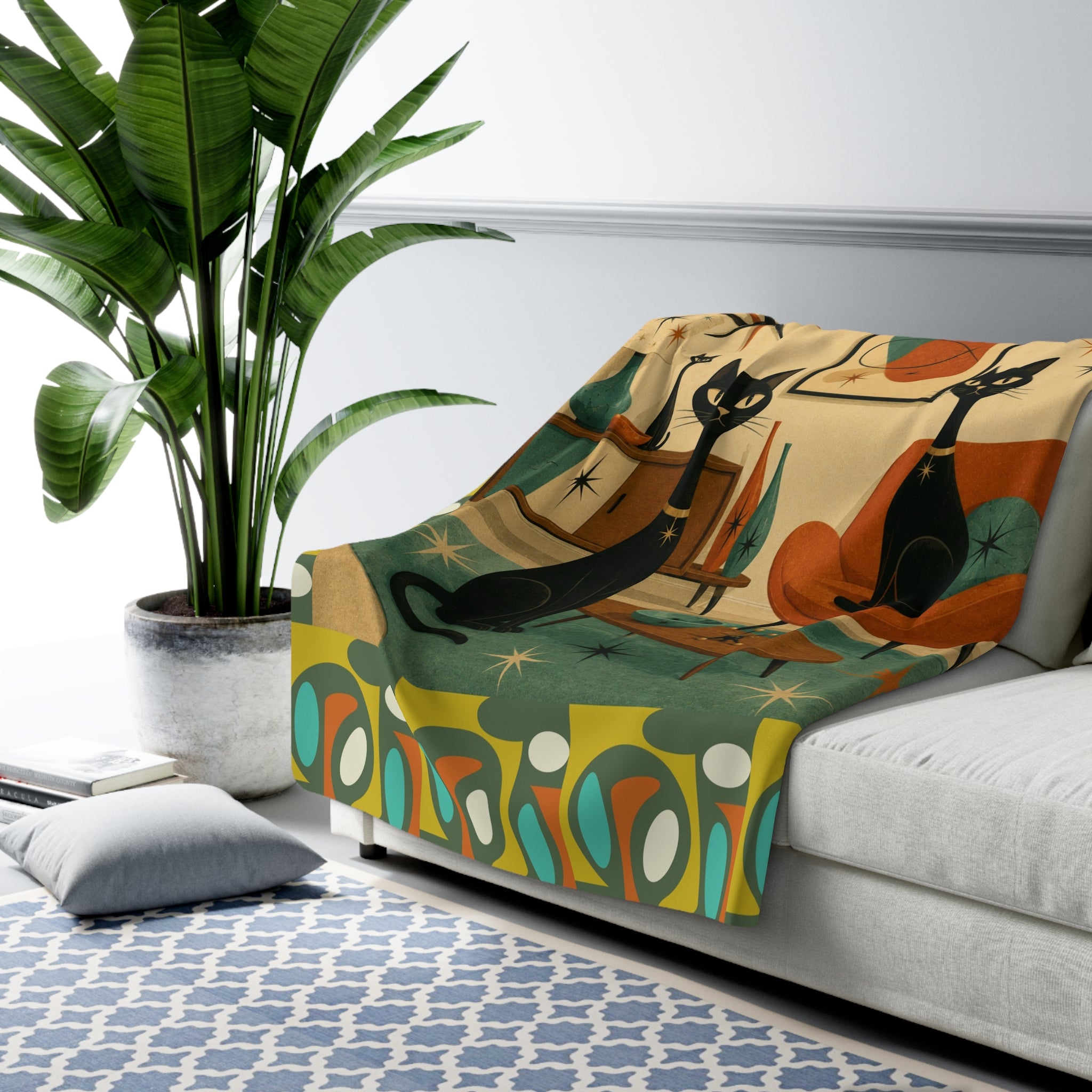 Mid Century Modern Atomic Black Cats Sherpa Fleece Blanket | Retro Atomic Living Room