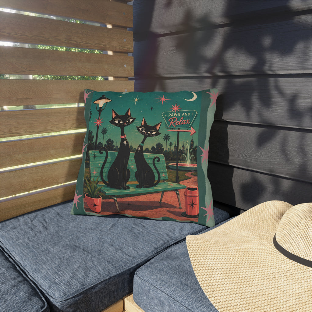 Retro Black Cats Outdoor Pillow | Mid Century Park 'Paws and Relax'
