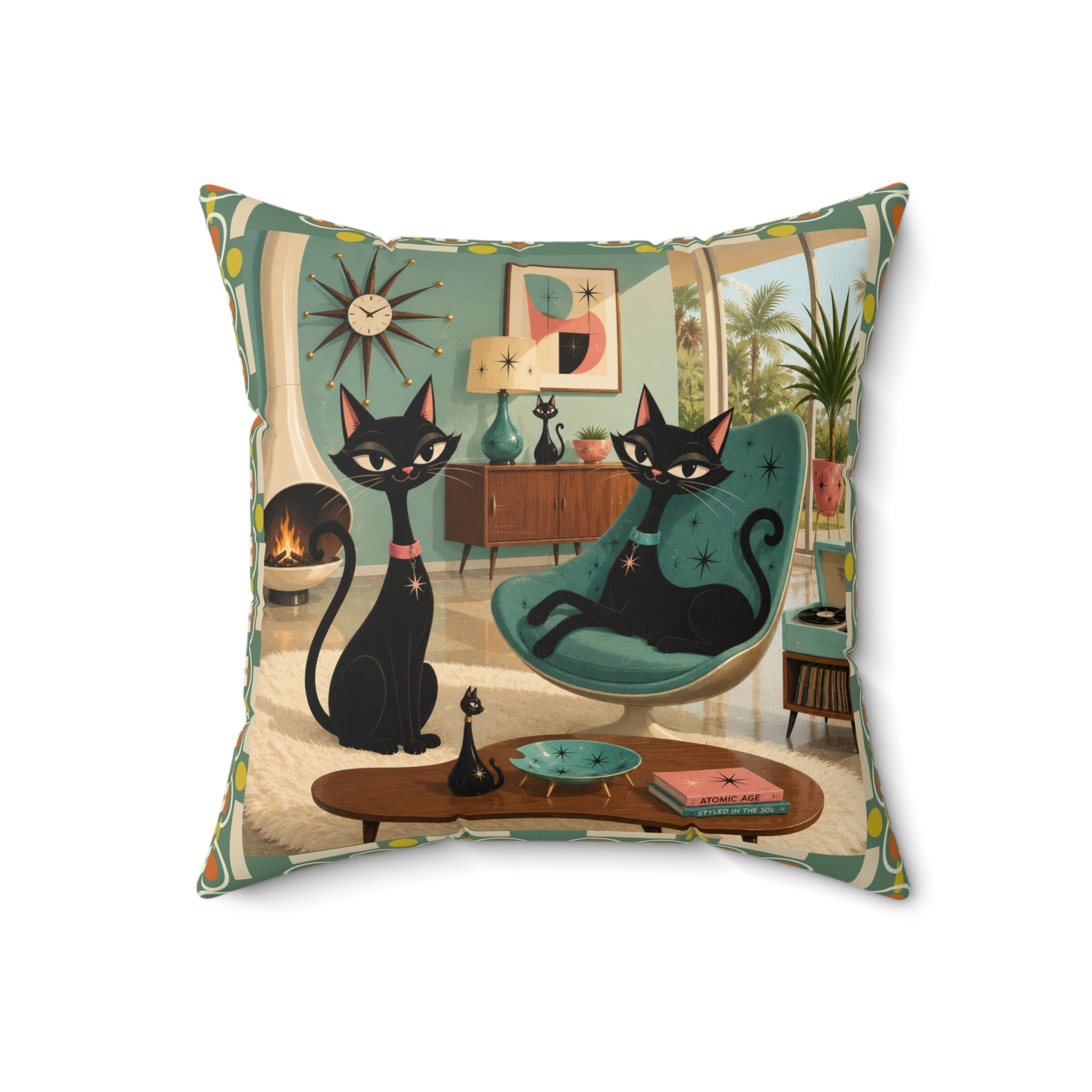 Mid Century Atomic Black Cats Pillow | Retro Living Room Cat Illustration