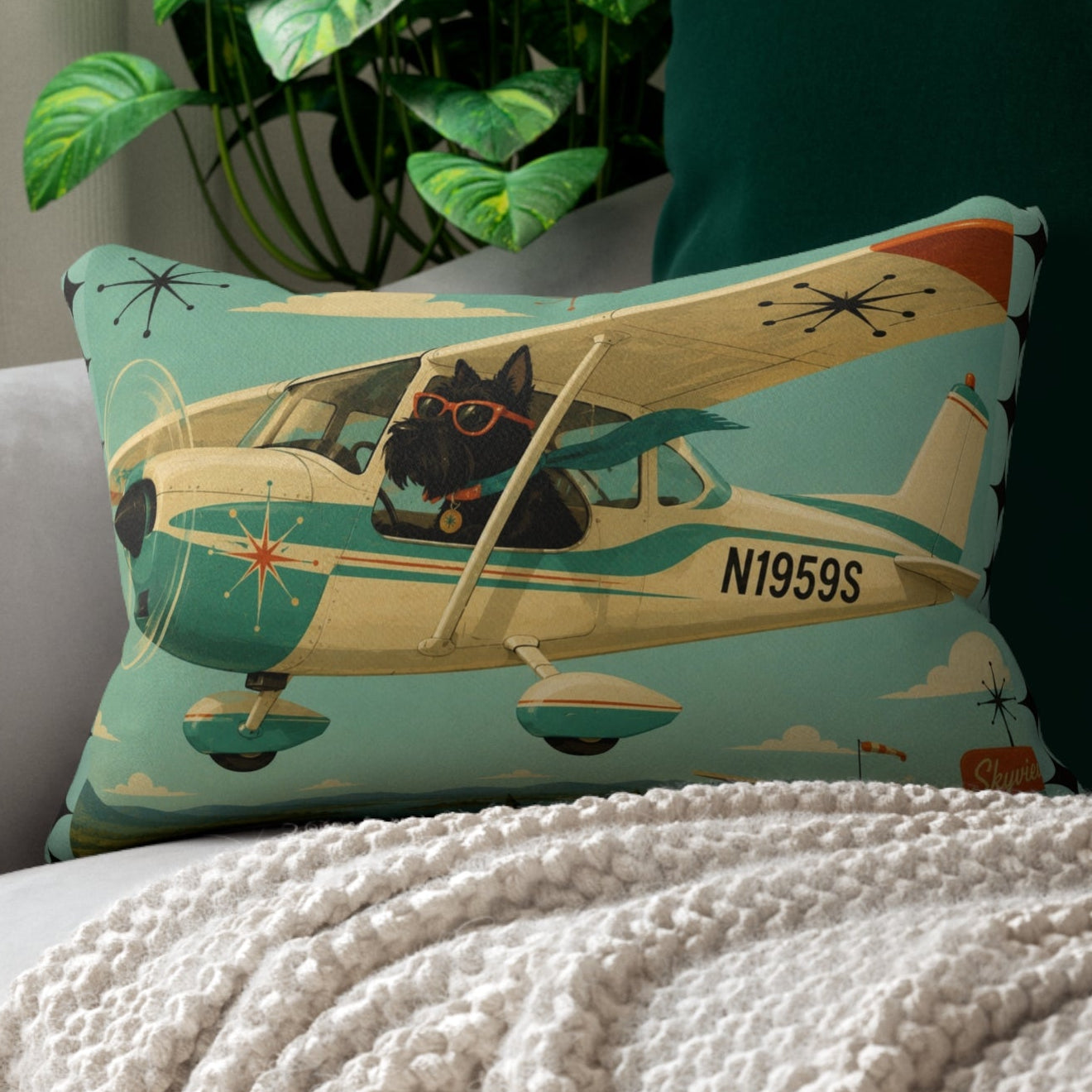 Retro Pilot Scotty dog lumbar pillow | airplane illustration, teal mid-century design