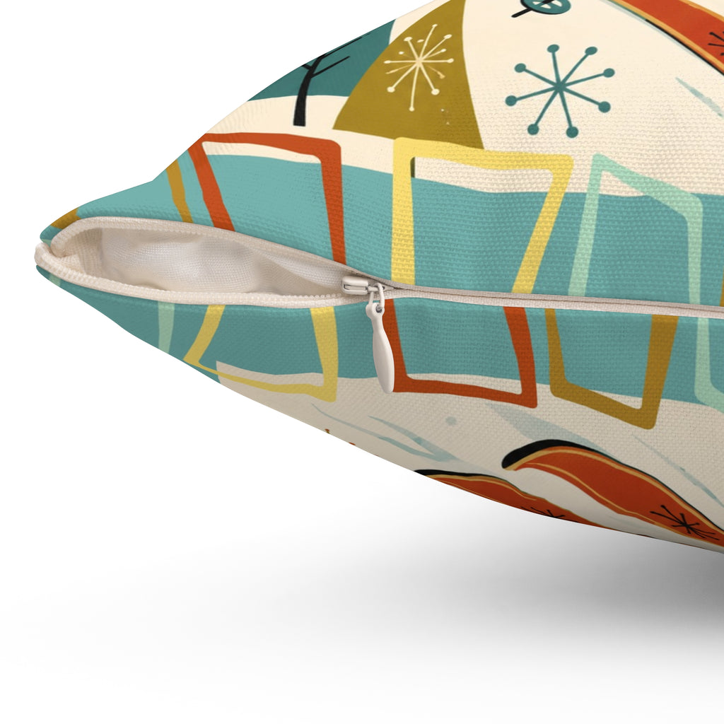 MCM Skiing Dachshund Pillow | Square Polyester Throw Pillow, Retro Winter Ski Art