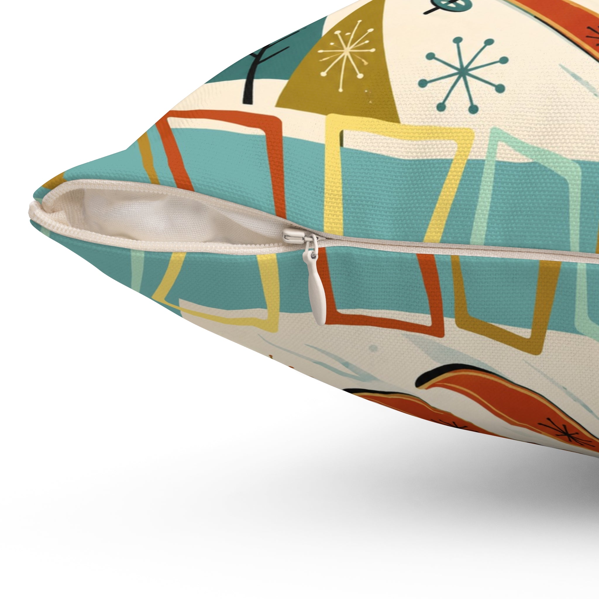 MCM Skiing Dachshund Pillow | Square Polyester Throw Pillow, Retro Winter Ski Art