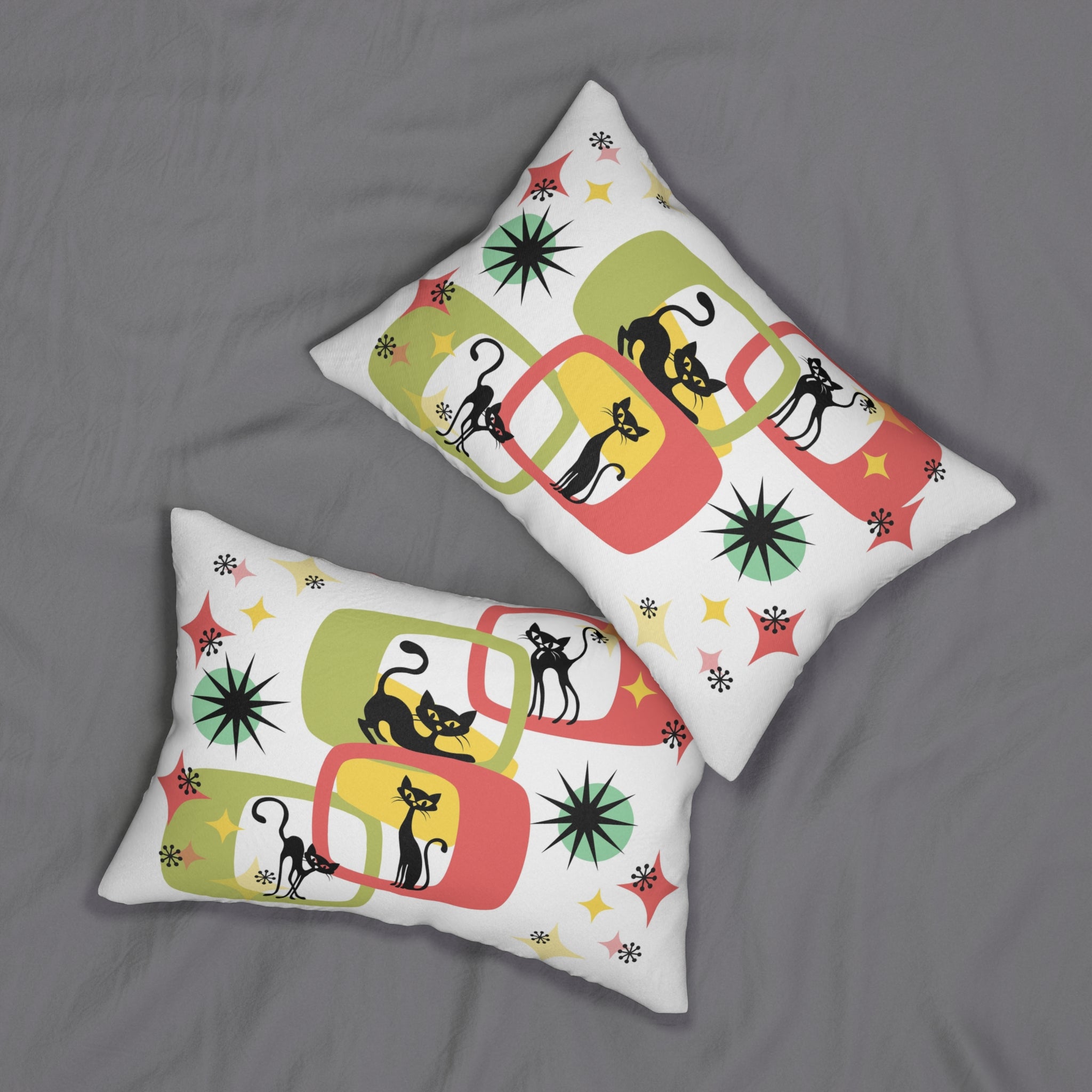 Atomic cat MCM Spun Polyester Lumbar Pillow, retro home decor, vintage inspired, Mid Century Modern, black cat lover gift