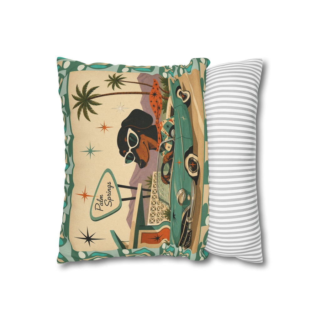 Retro Dachshund Driving Convertible Pillowcase | Palm Springs Vintage Car - COVER ONLY