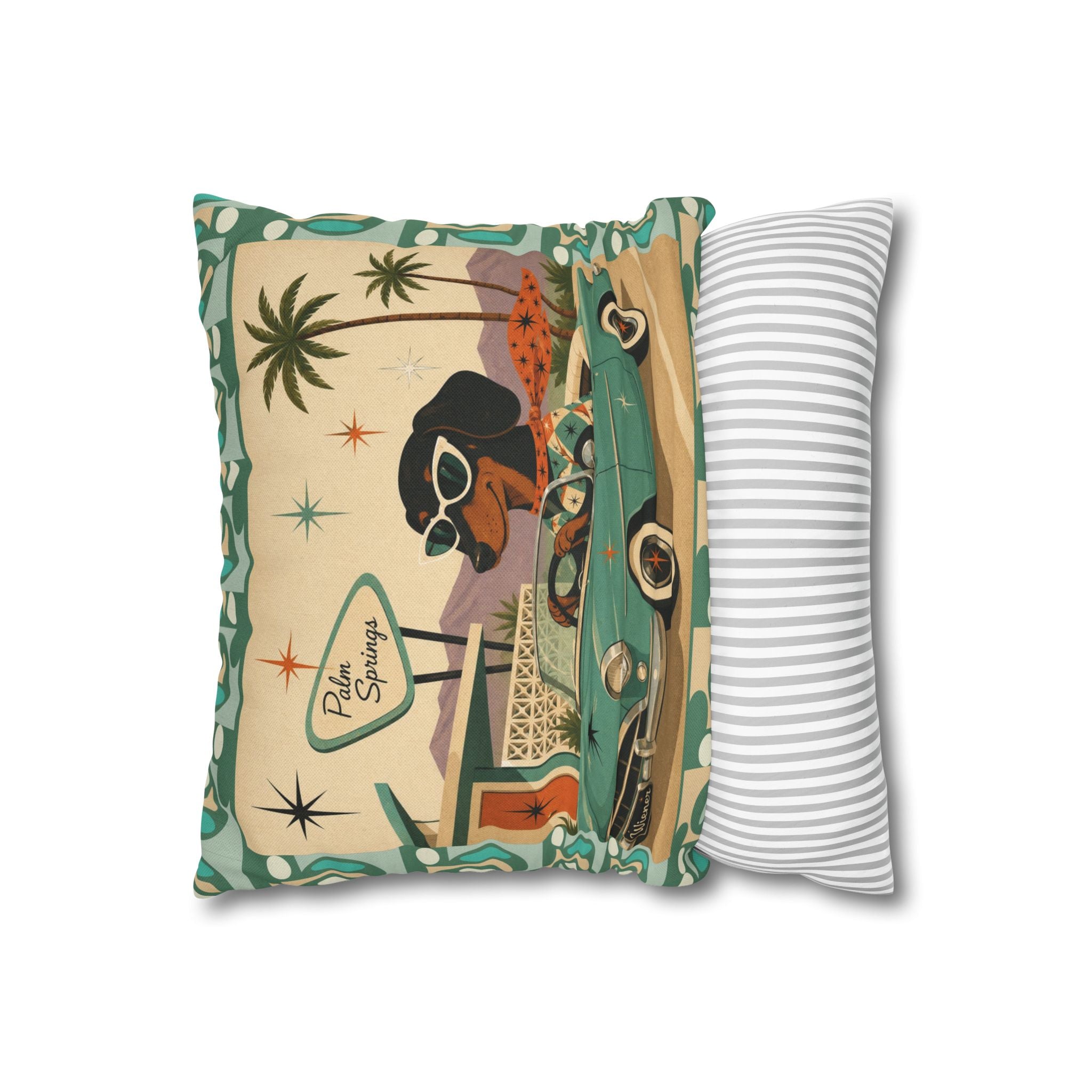 Retro Dachshund Driving Convertible Pillowcase | Palm Springs Vintage Car - COVER ONLY