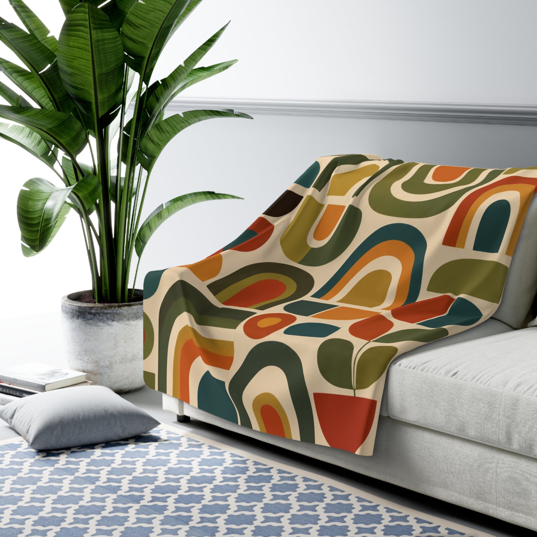 Retro Geometric Pattern Sherpa Blanket | Mid Century Rainbows