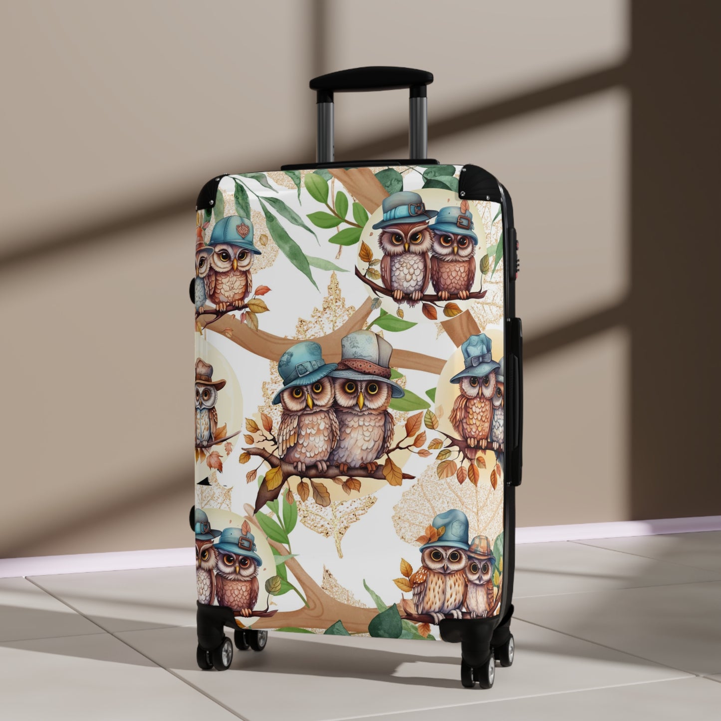 Cute Owl Suitcase on wheels, hard shell travel luggage secure and lockable for holidays, weekend, carry on suitcase