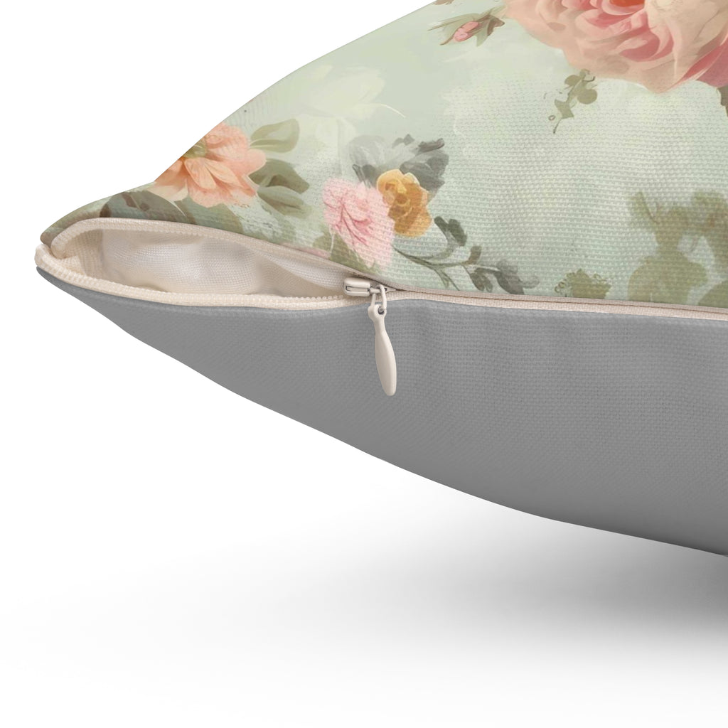 Pink roses mid tone background (blue, grey, green) shabby chic style Spun Polyester Square Pillow