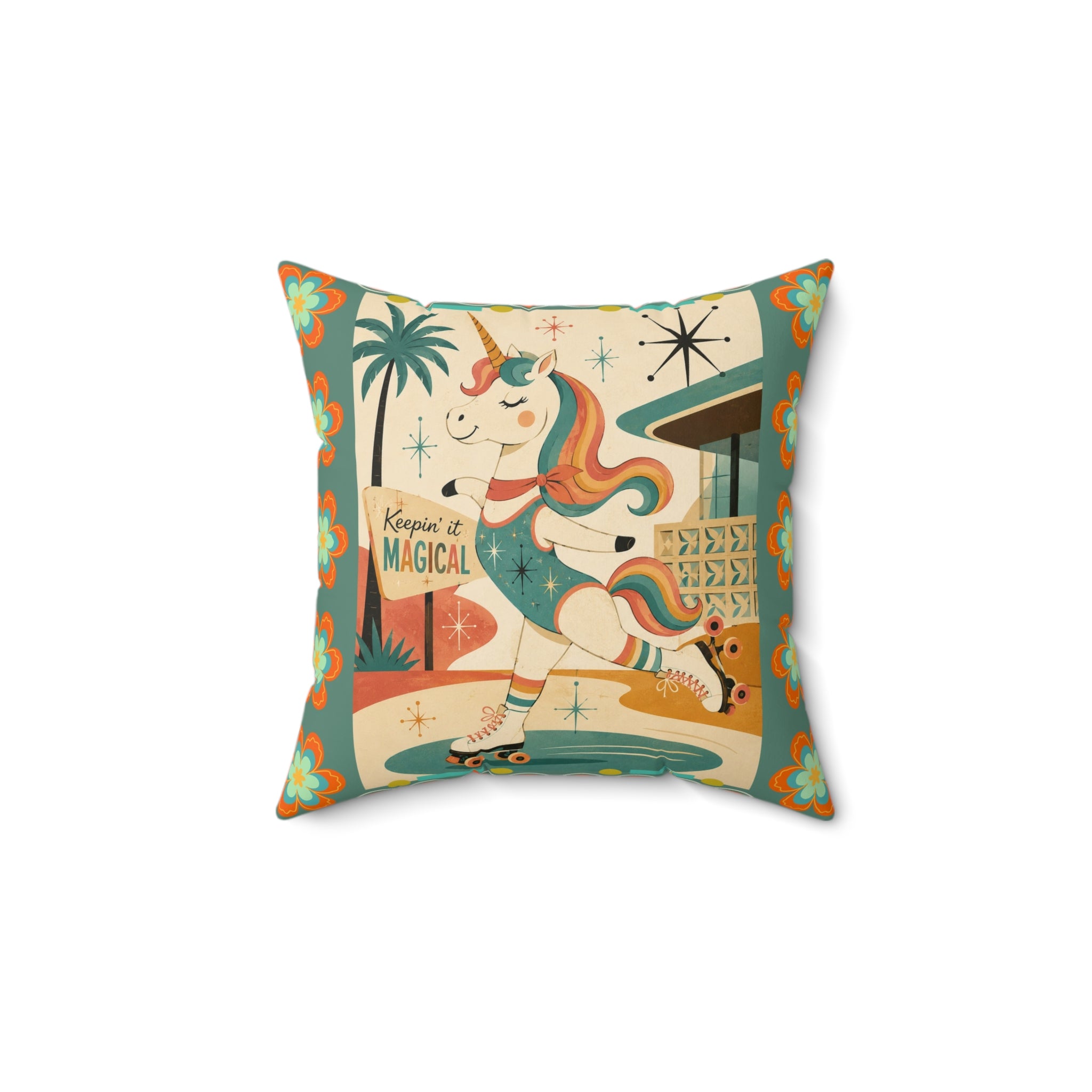 Retro Roller Skating Unicorn pillow | Square Polyester Throw Pillow, Vintage Rainbow Unicorn