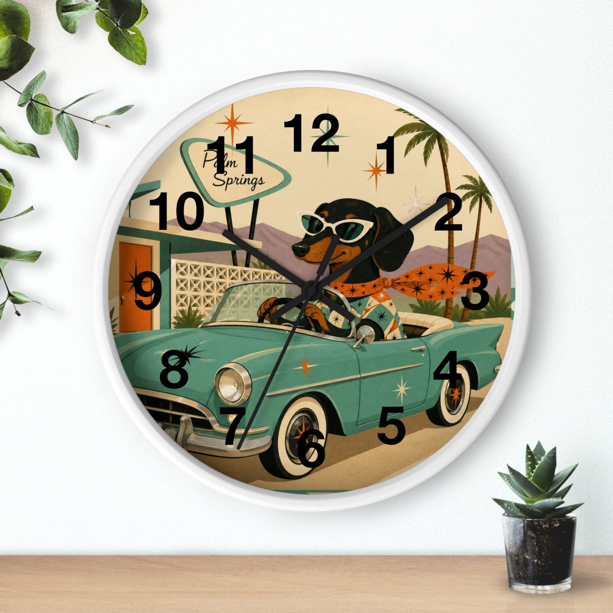 Dachshund Retro Roadtrip Wall Clock | Mid-Century Palm Springs Art