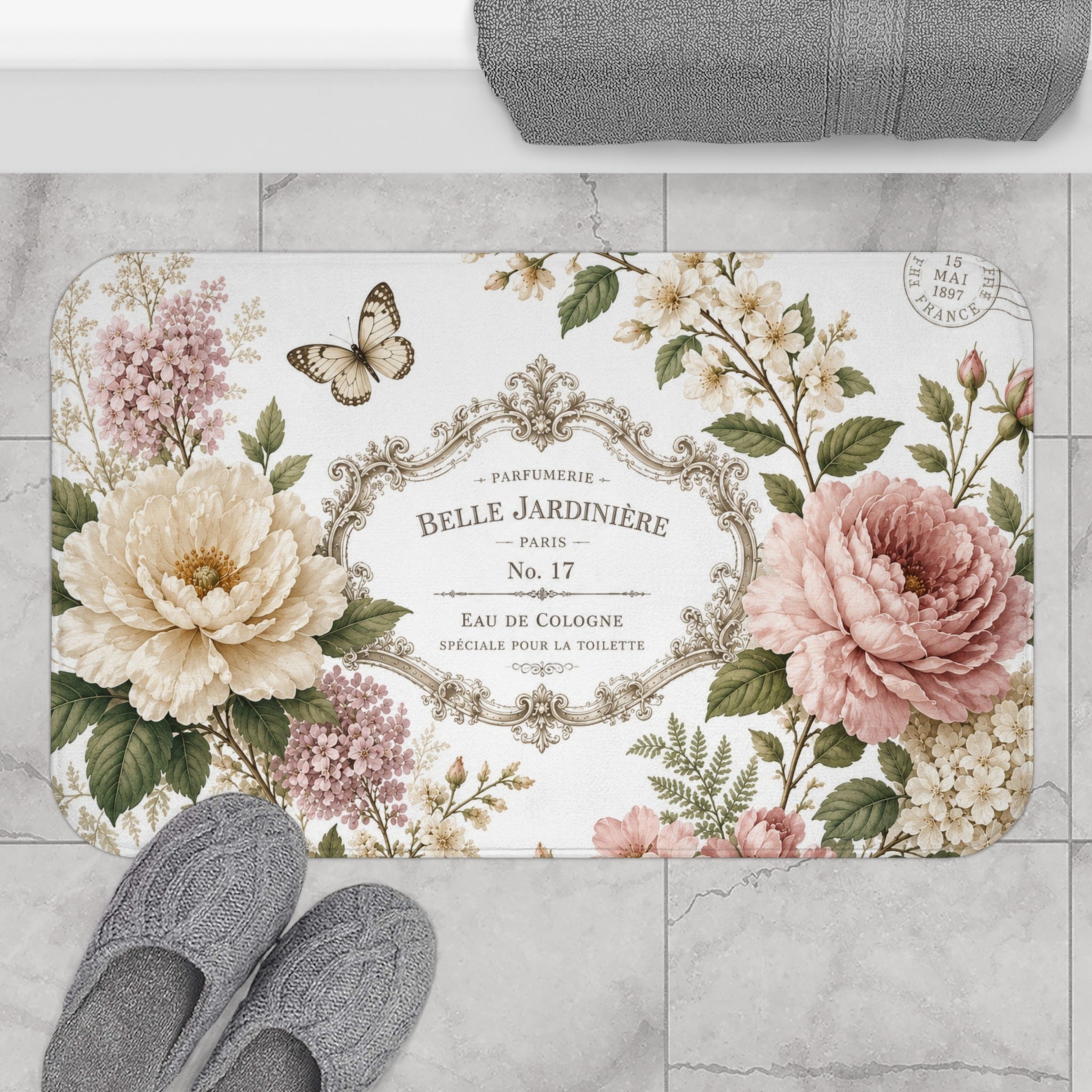 Floral Label Bath Mat | Shabby Chic Cottagecore Bathroom Rug