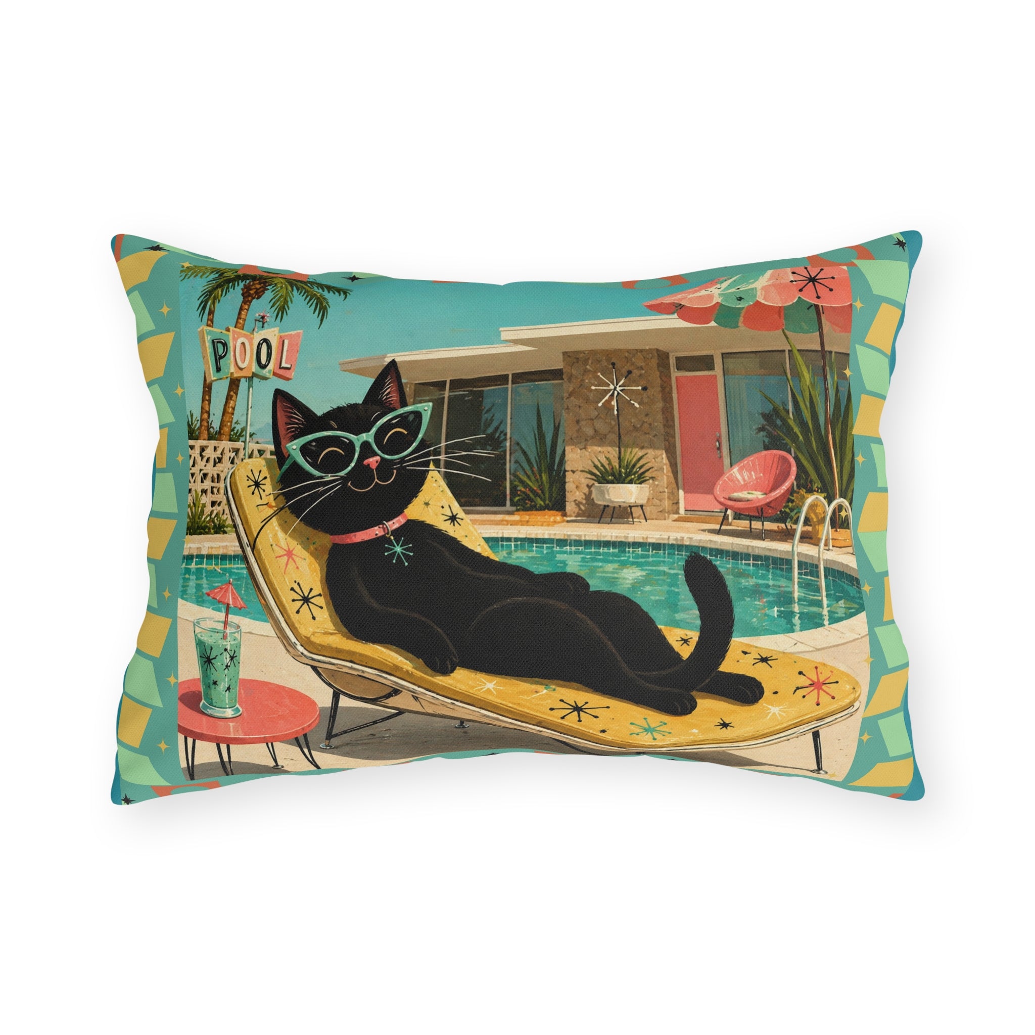 Retro Black Cat Poolside Outdoor Pillow | Mid Century Modern Patio Decor