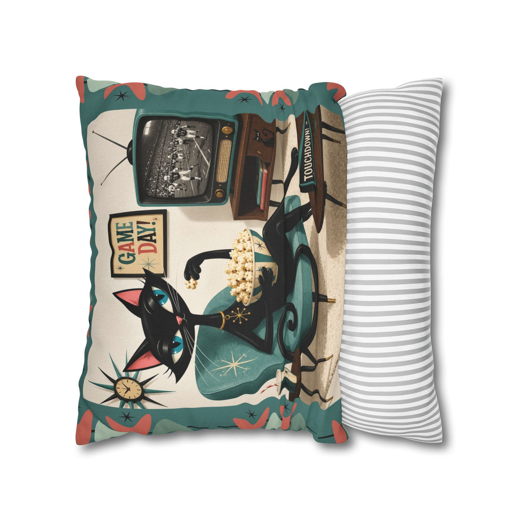 Retro Atomic Black Cat Watching Football Pillowcase | MCM Square Throw Pillowcase - Indoor use