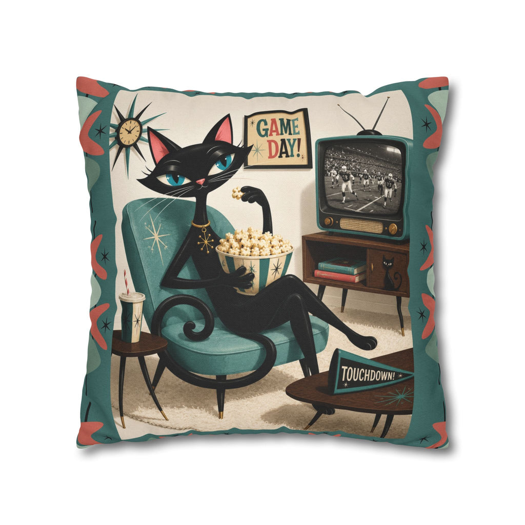 Retro Atomic Black Cat Watching Football Pillowcase | MCM Square Throw Pillowcase - Indoor use