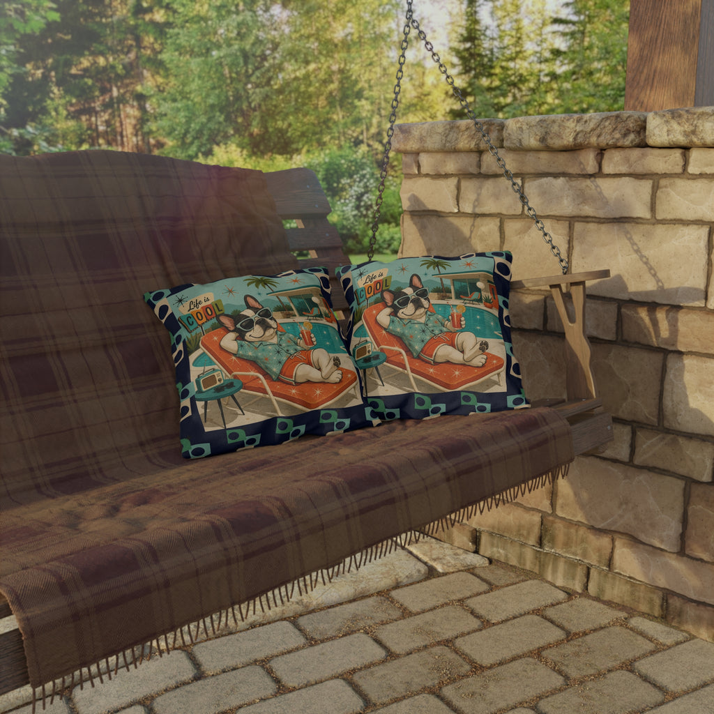Retro French Bulldog Poolside Lounge Outdoor Pillow | Mid Century Cool