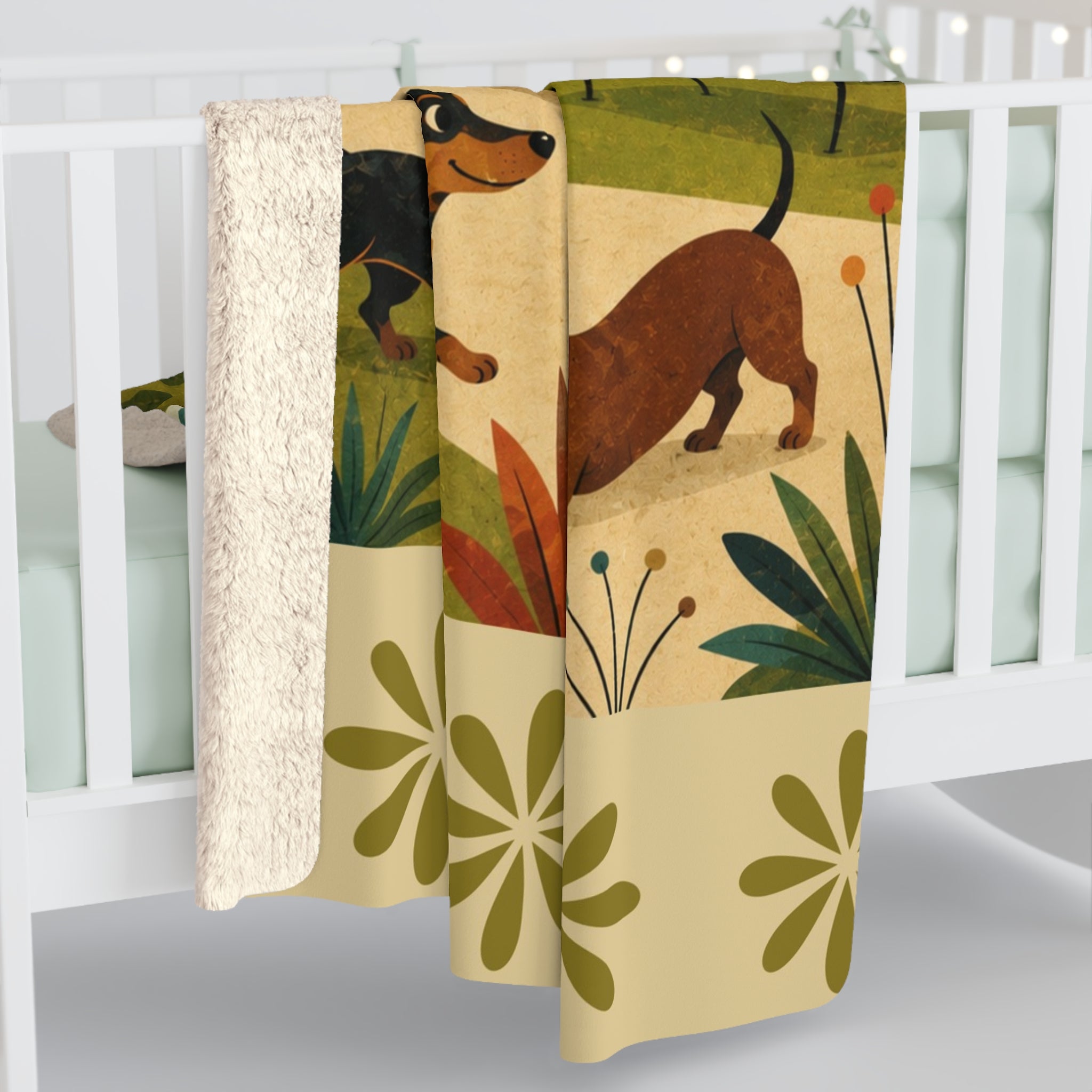 MCM Dachshund Park Scene Sherpa Blanket | Retro City Park Dogs, Cozy Fleece