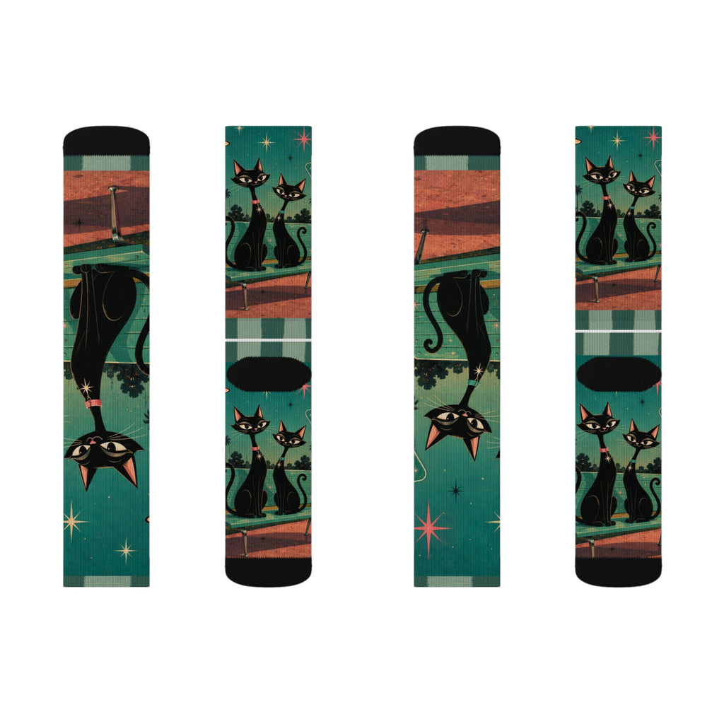 Retro Atomic Black Cats Socks | Teal Night Cat Pattern Sublimation Socks