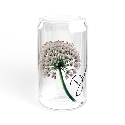 Personalized Dandelion flower can style Sipper Glass, 16oz, floral glass, named drinking glass, iced coffee cup