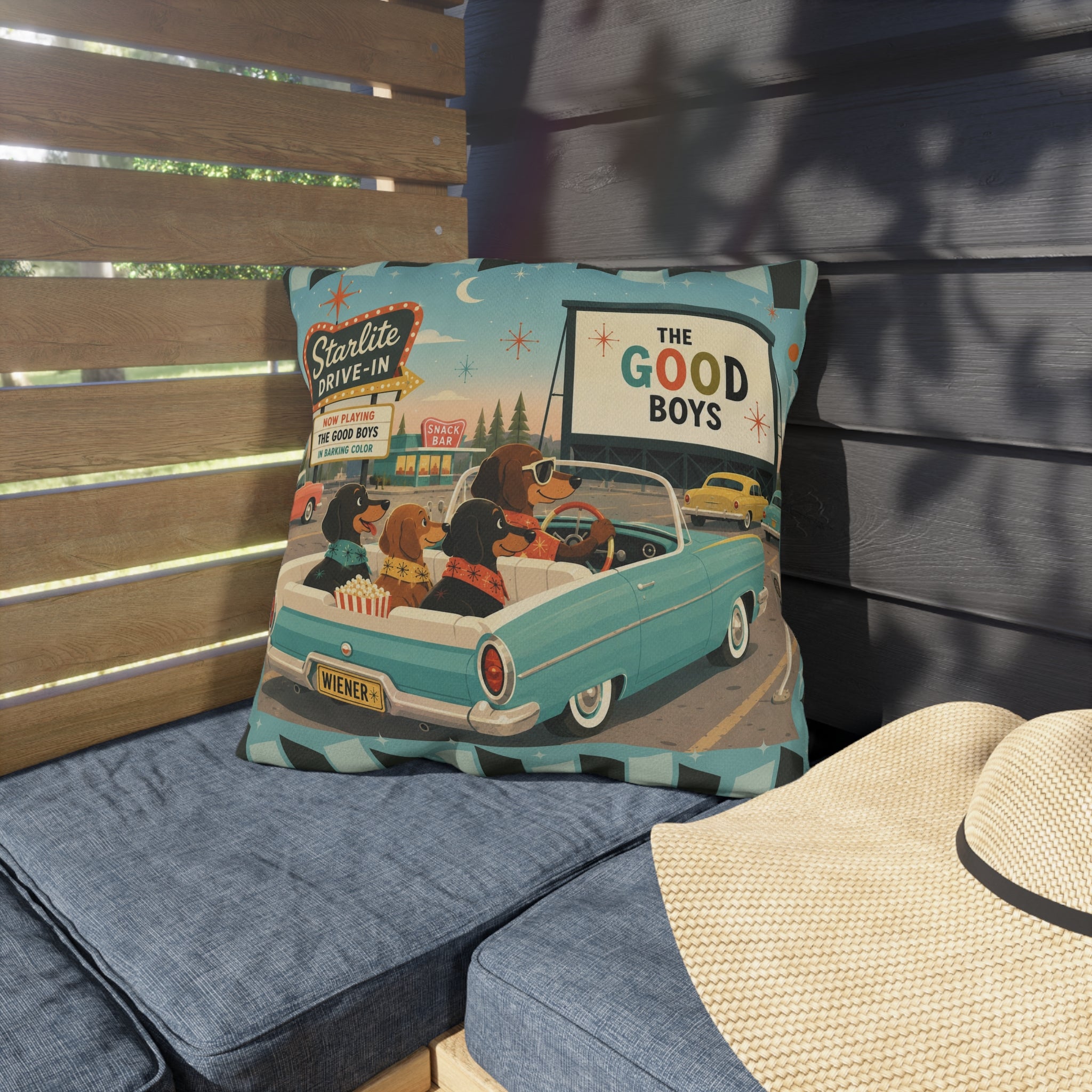 MCM Dachshund Drive-In Dogs Retro Art Outdoor Pillow | Vintage Movie Night