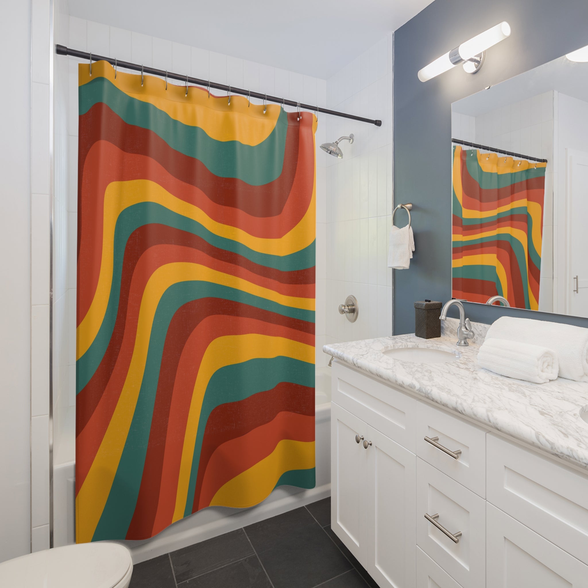 Retro Wavy Stripe Shower Curtain — 1970s Boho Bathroom Decor