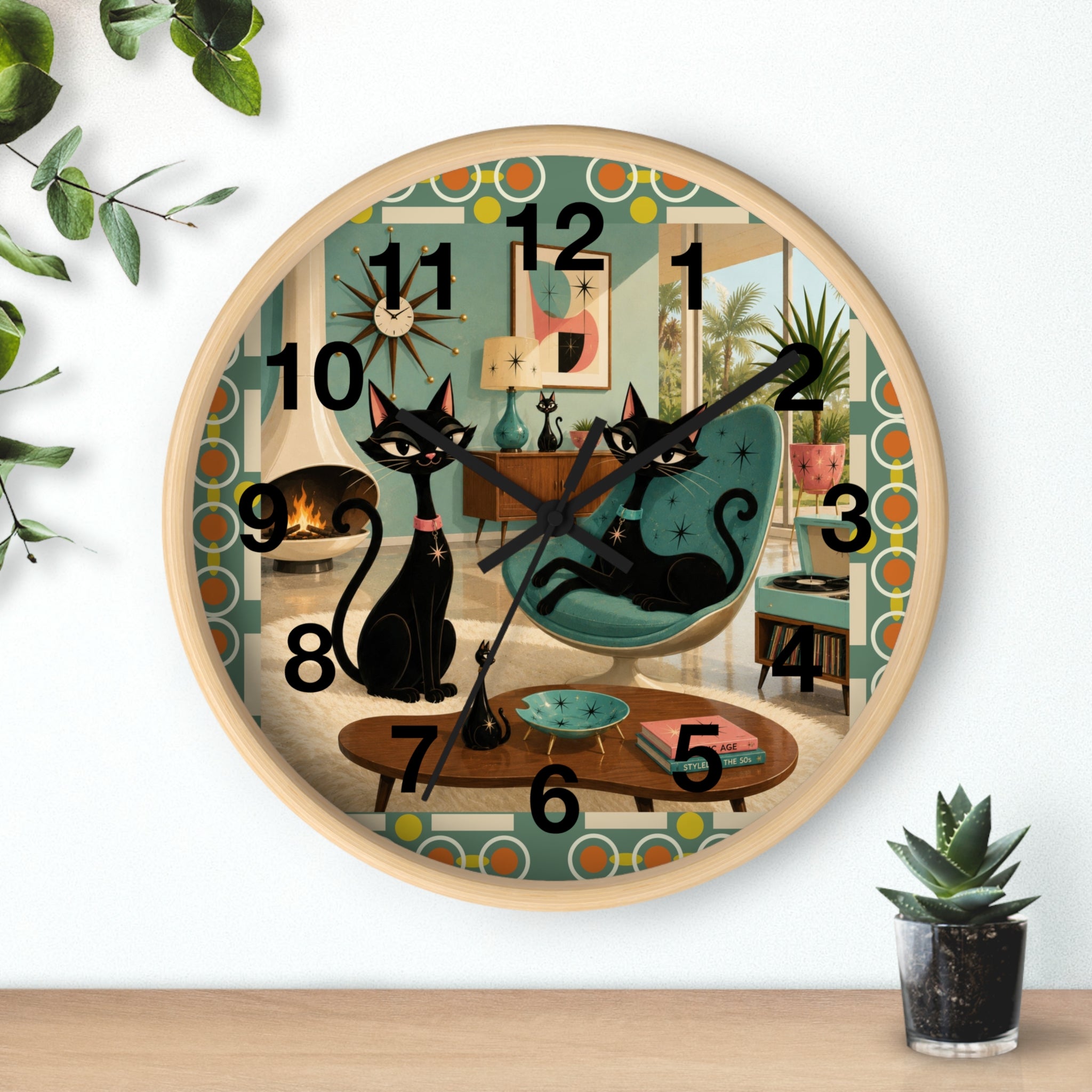 Mid Century Atomic Black Cats Wall Clock | Retro Living Room Decor