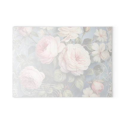 Pink roses shabby chic style Glass Cutting Board, vintage inspired floral chopping board