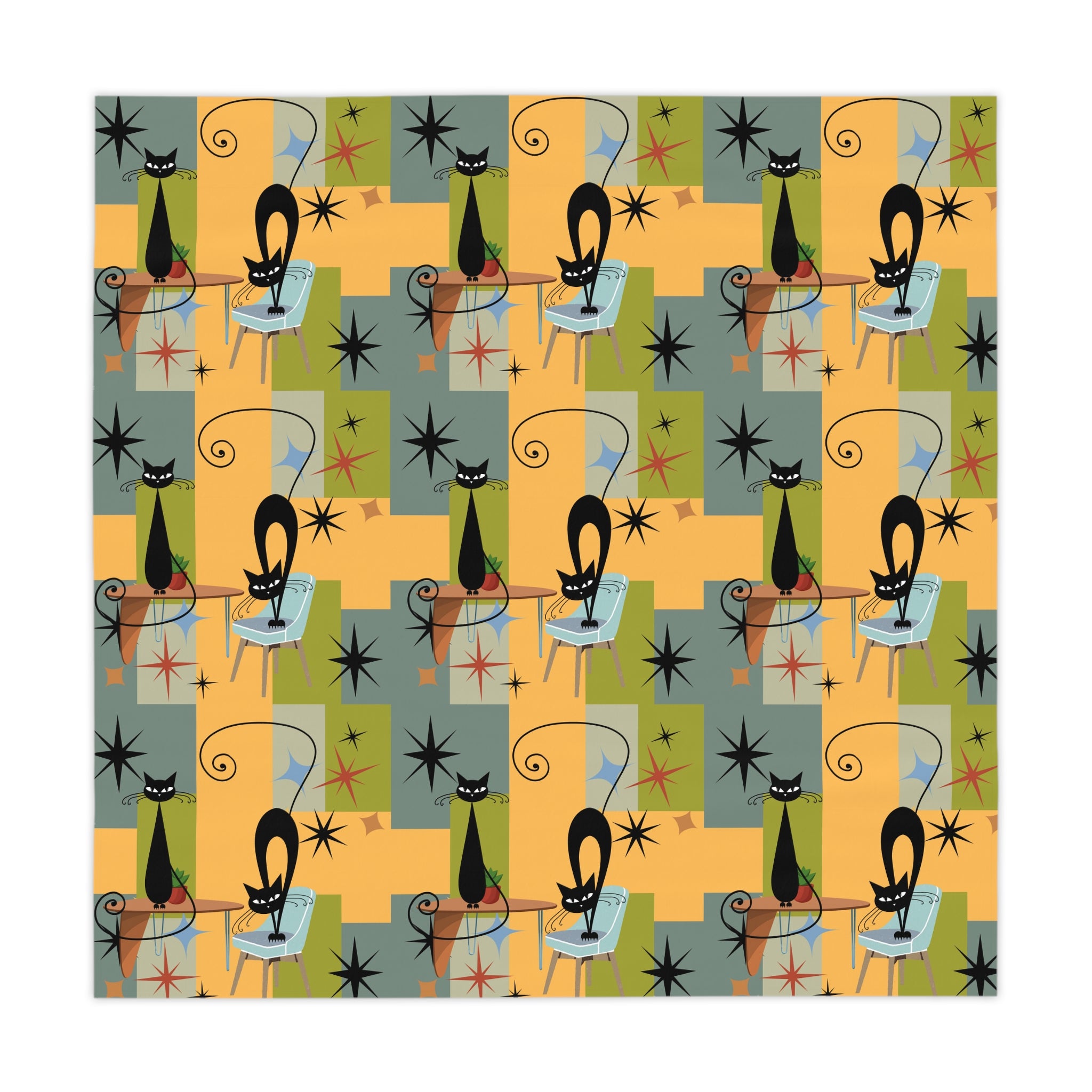 Retro Mid-Century Cat Tablecloth — Atomic Starburst Pattern