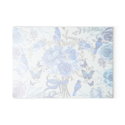 Blue and white, flowers, birds and butterflies, home decor, food preparation Glass Cutting Board