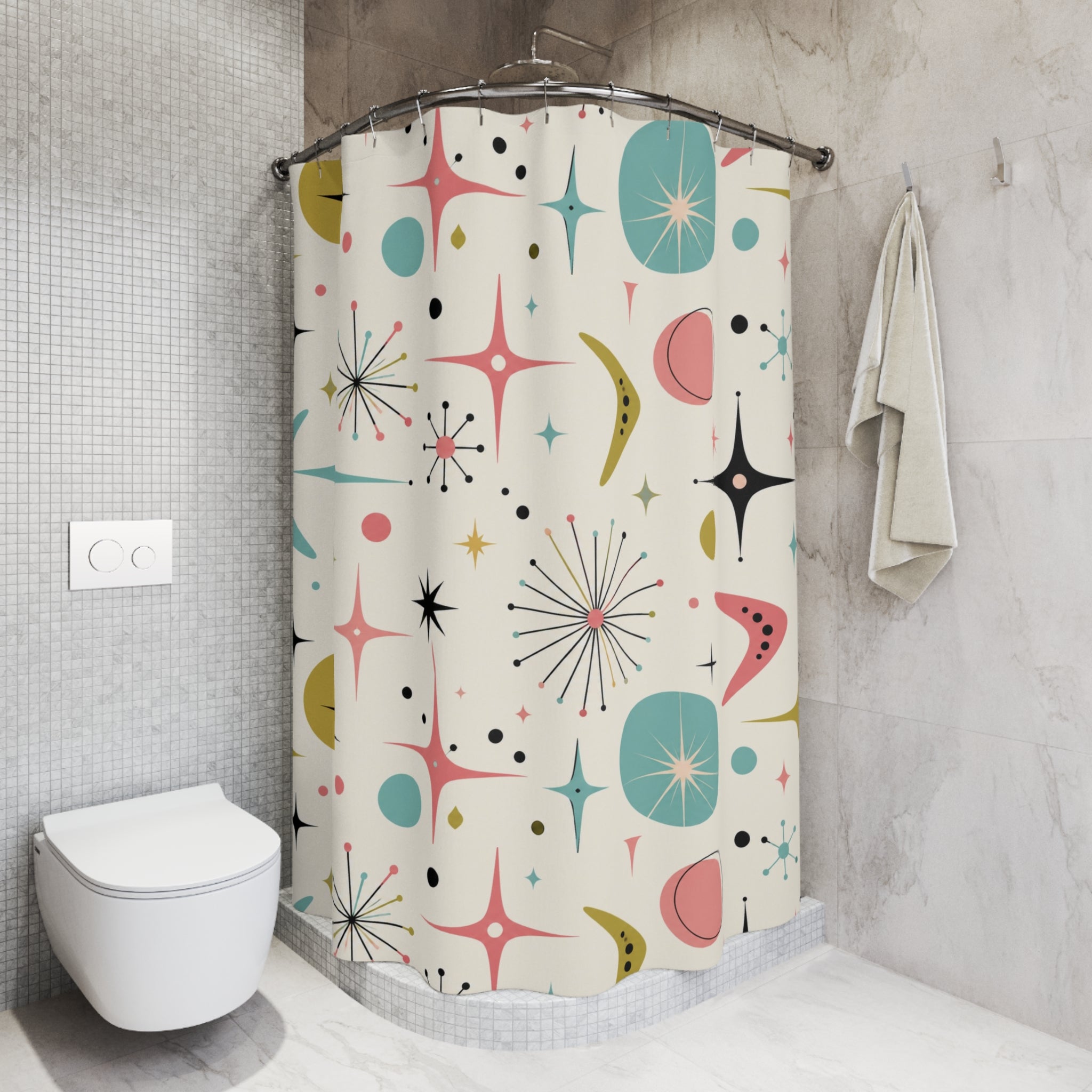Mid Century Starburst Shower Curtain | Retro Atomic Pattern